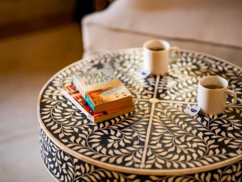 decortative blue table in hotel room